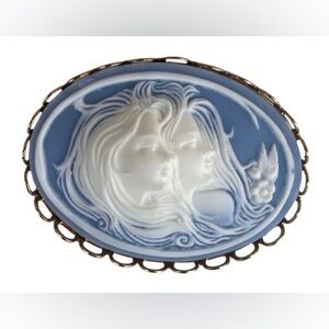 Rare Blue and White Muses or Twin Sisters Cameo Brooch Vintage
